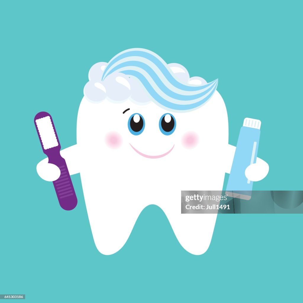 Cute tooth character with tooth brush and toothpaste.