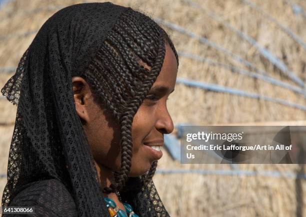 Side view of an Afar tribe woman with braided hair on January 21, 2017 in Chifra, Ethiopia.