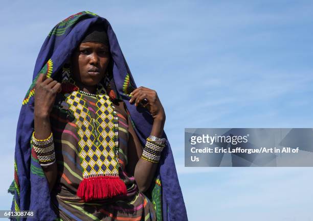 Portrait of an Issa tribe woman with a beaded necklace on January 14, 2017 in Yangudi Rassa National Park, Ethiopia.