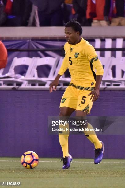 Alvas Powell of Jamaica plays against the USA during a friendly international match at Finley Stadium on February 3, 2017 in Chattanooga, Tennessee.