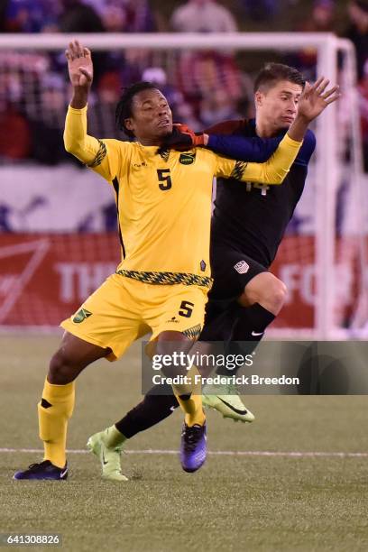 Alvas Powell of Jamaica plays against the USA during a friendly international match at Finley Stadium on February 3, 2017 in Chattanooga, Tennessee.