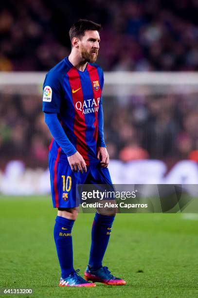 Lionel Messi of FC Barcelona looks on during the Copa del Rey semi-final second leg match between FC Barcelona and Atletico de Madrid at Camp Nou on...