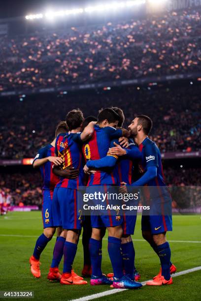 Players of FC Barcelona celebrate after their teammate Luis Suarez scored the opening goal during the Copa del Rey semi-final second leg match...