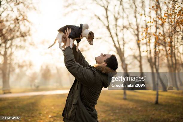 young man holding his jack russell puppy towards the sun - jack russell terrier stock pictures, royalty-free photos & images