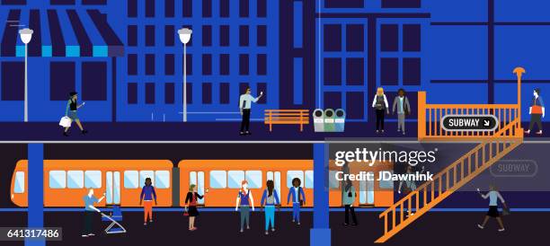 bildbanksillustrationer, clip art samt tecknat material och ikoner med upptagen stadsbilden och tunnelbana plattform scen med olika människor - tunnelbaneplattform