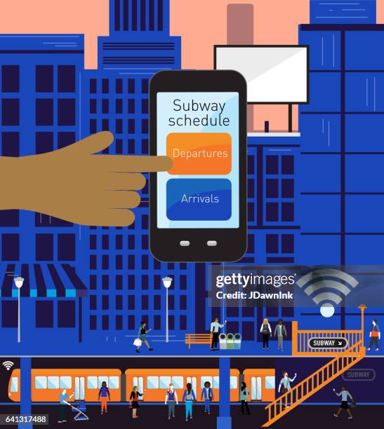busy cityscape and subway platform scene with mobile phone subway application - subway platform stock illustrations