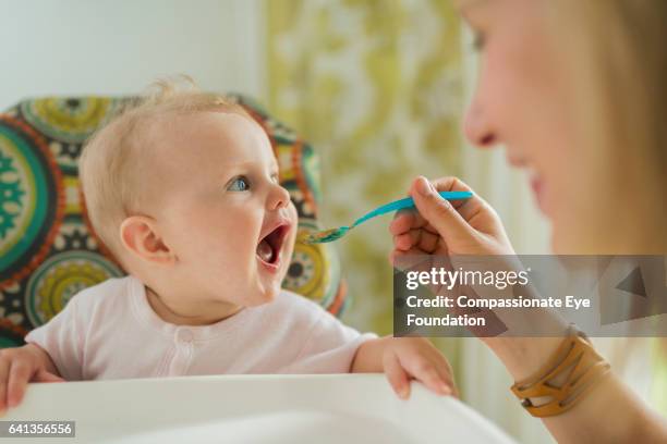 mother feeding baby in high chair with plastic spoon - infant feeding stock pictures, royalty-free photos & images