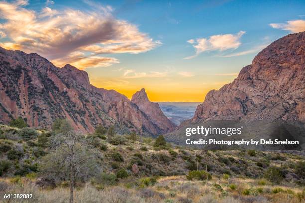 the window in the chisos mountains of big bend national park - chisos mountains stockfoto's en -beelden