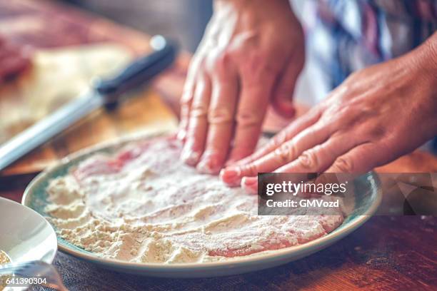 preparing wiener schnitzel in domestic kitchen - cutlet stock pictures, royalty-free photos & images