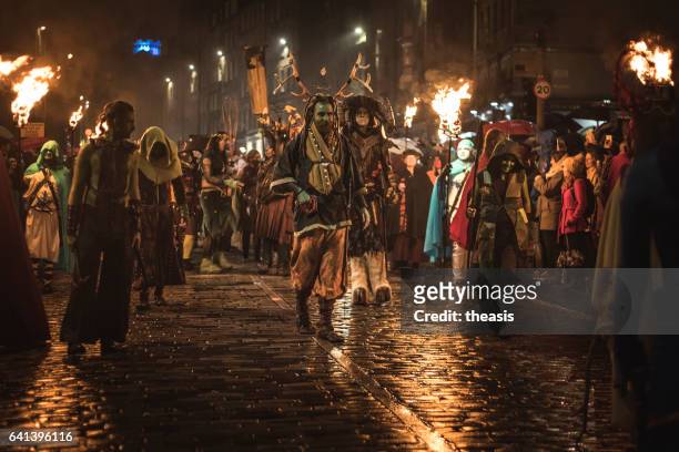 samhuinn fire festival at halloween in edinburgh - edinburgh rain stock pictures, royalty-free photos & images