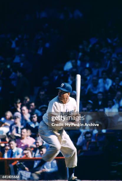 Duke Snider of the Brooklyn Dodgers bats during an MLB game against the Philadelphia Phillies on May 22, 1955 at Ebbets Field in Brooklyn, New York.