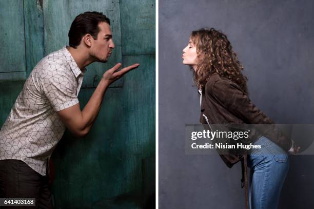 double portrait of young man and woman kiss - mandare un bacio foto e immagini stock