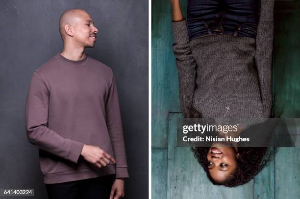 double portrait of man and woman upside down - gray shirt stock pictures, royalty-free photos & images