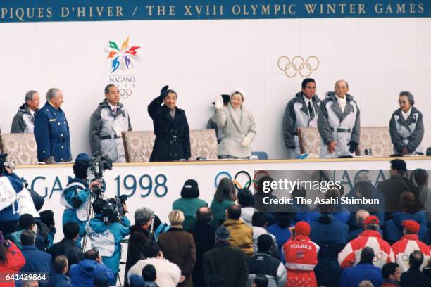 Emperor Akihito and Empress Michiko are seen during the opening ceremony of the Nagano Winter Olympic Games at Minami Nagano Sports Park on February...