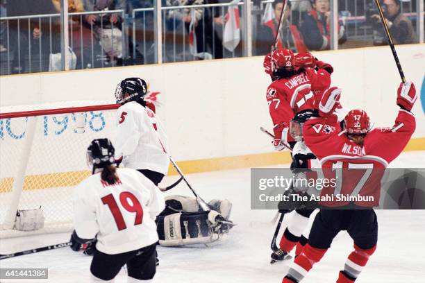 Danielle Goyette of Canada celebrates scoring a goal in the first period during the Women's Ice Hockey first round match between Japan and Canada...