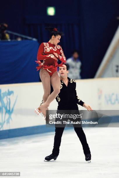 Sarah Abitbol and Stephane Bernadis of France compete in the Figure Skating Pair Free Program during day three of the Nagano Winter Olympic Games at...