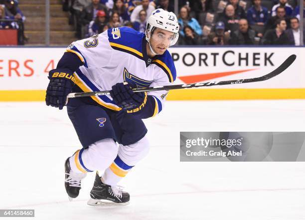 Kenny Agostino of the St. Louis Blues skates against the Toronto Maple Leafs during the first period at the Air Canada Centre on February 9, 2017 in...