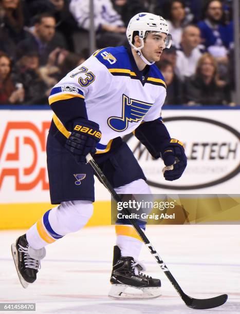 Kenny Agostino of the St. Louis Blues skates against the Toronto Maple Leafs during the first period at the Air Canada Centre on February 9, 2017 in...