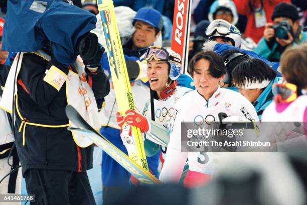 Kazuyoshi Funaki of Japan celebrates after the second jump of the Ski Jumping Individual Large Hill during day eight of the Nagano Winter Olympic...