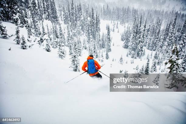 man skiing though fresh snow while on backcountry ski tour - skiing and snowboarding stock pictures, royalty-free photos & images