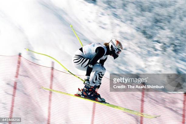 Katja Seizinger of Germany competes in the Alpine Skiing Women's Downhill during day nine of the Nagano Winter Olympic Games at Happoone on February...