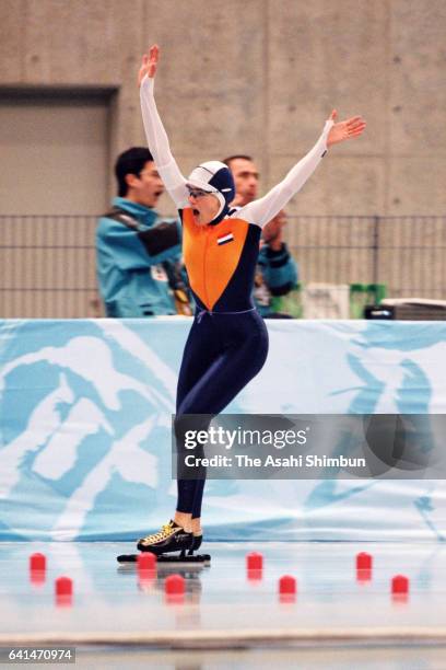 Marianne Timmer of the Netherlands celebrates her new world record in the Speed Skating Women's 1,500m during day nine of the Nagano Winter Olympic...
