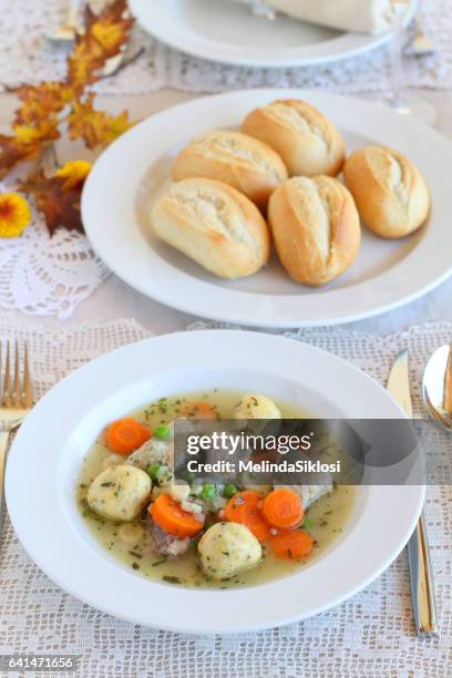 tarragon goose soup with dumpling and vegetables - tarragon stock pictures, royalty-free photos & images