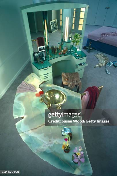 Elevated view of Bette Midlers bedroom in her Soho loft, New York, New York, August 1981. The loft had been redesigned by architect Alan J Buchsbaum.