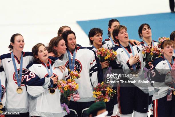 Gold medalists United States players celebrate during the medal ceremony for the Ice Hockey Women's following the gold medal game between United...