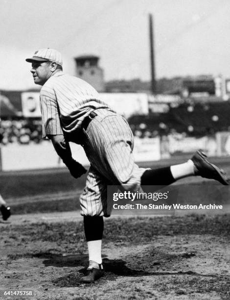 New York Yankees, Babe Ruth throwing a pitch, circa 1921.