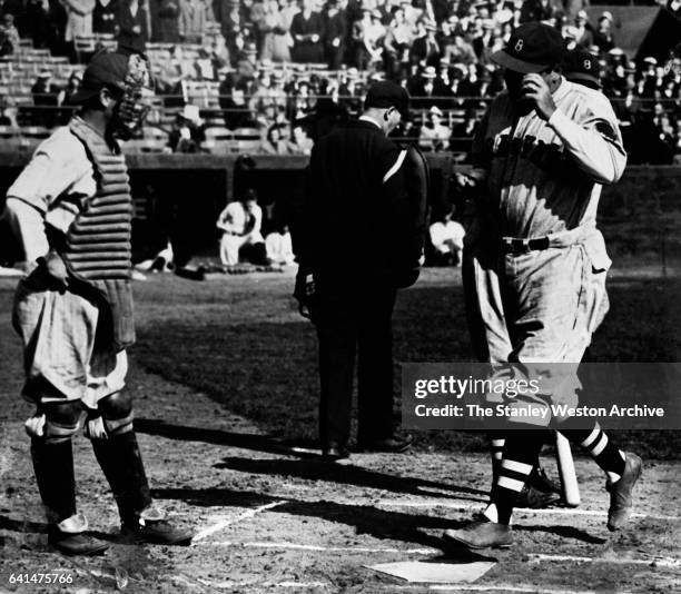 Babe Ruth, of the Boston Braves crosses home plate for what would be his last Home Run as a Boston Brave, circa 1935.