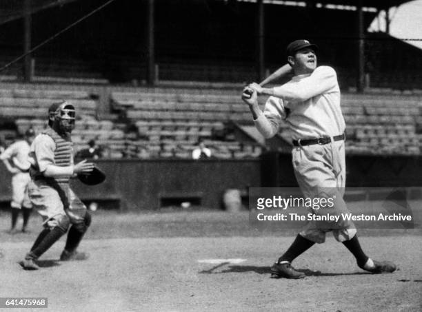 Babe Ruth takes batting practice before a game, circa 1922