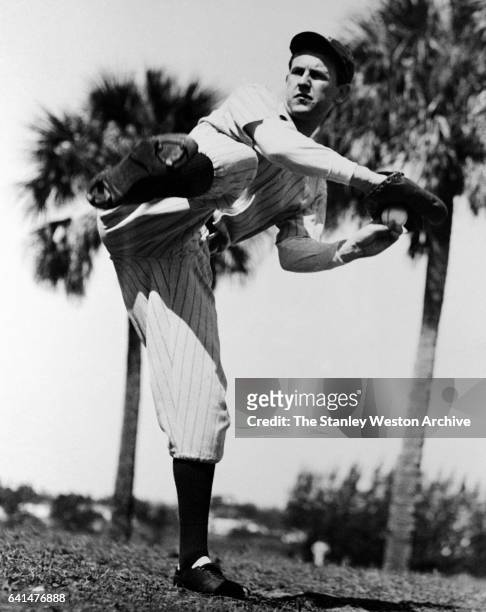 Lefty Gomez at Yankees Spring training camp throwing a pitch in St. Petersburg Fla. Circa 1934.