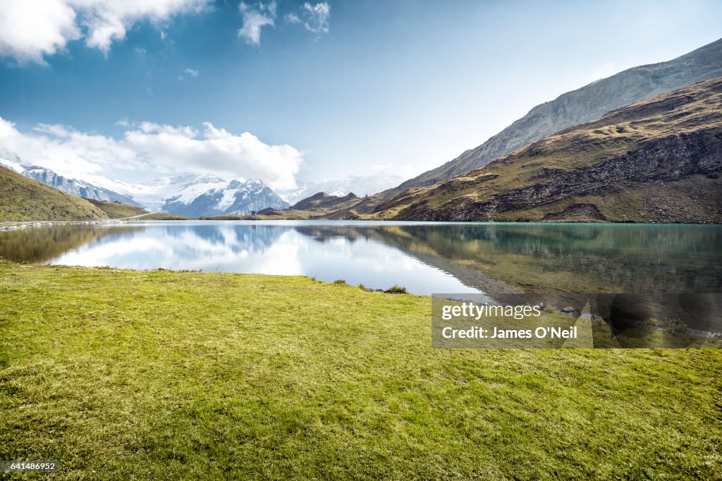 Grassy patch next to lake with mountain reflections