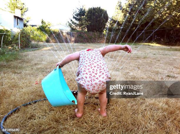 girl playing in sprinkler - amusing kids stock pictures, royalty-free photos & images