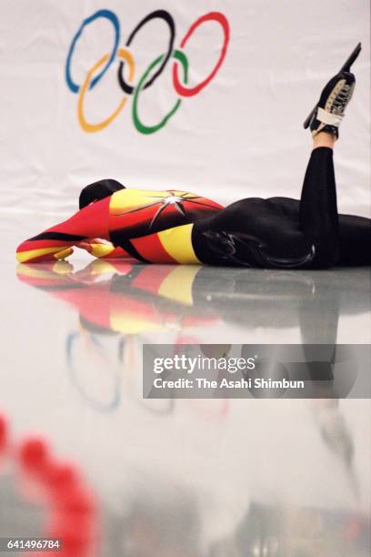 Franziska Schenk of Germany falls while competing in the Speed Skating Women's 1,000m during day twelve of the Nagano Winter Olympic Games at M Wave...