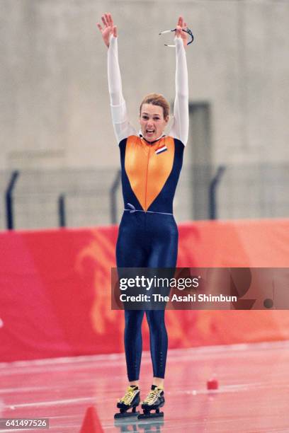 Marianne Timmer of the Netherlands celebrates after competing in the Speed Skating Women's 1,000m during day twelve of the Nagano Winter Olympic...