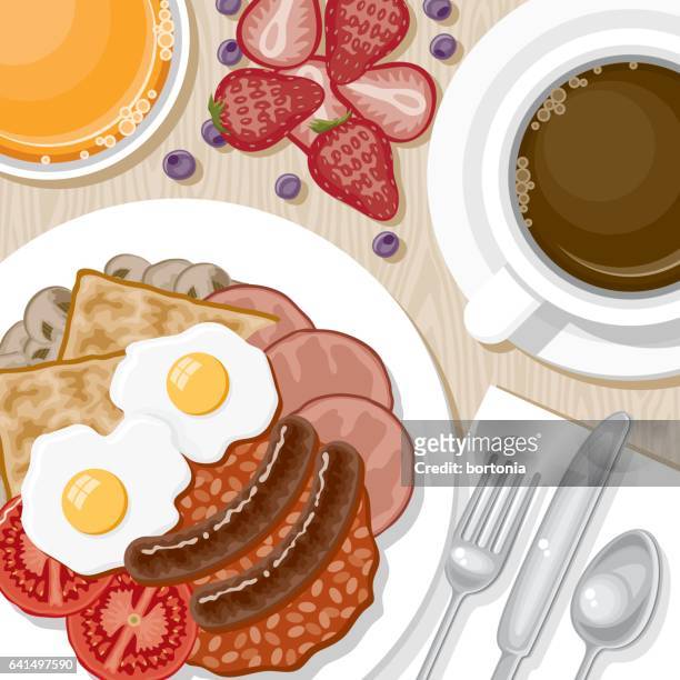 ilustrações, clipart, desenhos animados e ícones de visão aérea de alimentos de pequeno almoço - café da manhã inglês