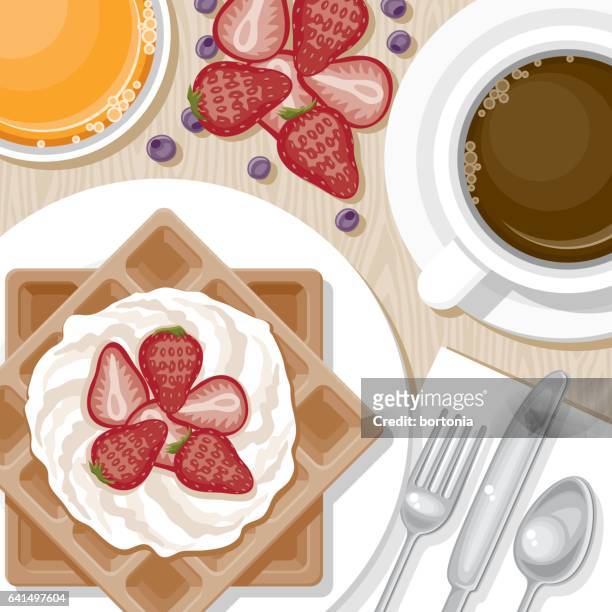 ilustraciones, imágenes clip art, dibujos animados e iconos de stock de vista aérea de alimentos para el desayuno - waffle