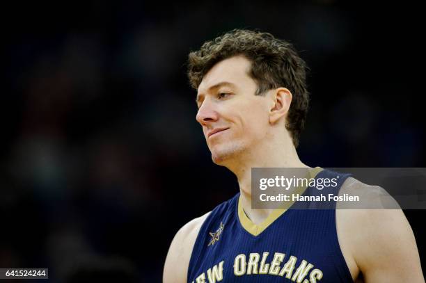 Omer Asik of the New Orleans Pelicans looks on during the game against the Minnesota Timberwolves on February 10, 2017 at the Target Center in...