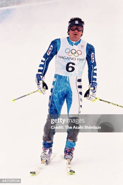 Alberto Tomba of Italy reacts after competing in the first run of the Alpine Skiing Men's Slalom during day fourteen of the Nagano Winter Olympic...