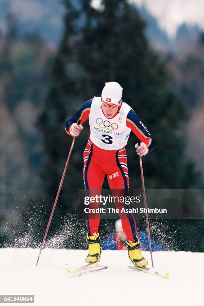 Bjorn Daehlie of Norway competes in the Cross Country Skiing Men's 50km Freestyle during day fifteen of the Nagano Winter Olympic Games at Snow Harp...