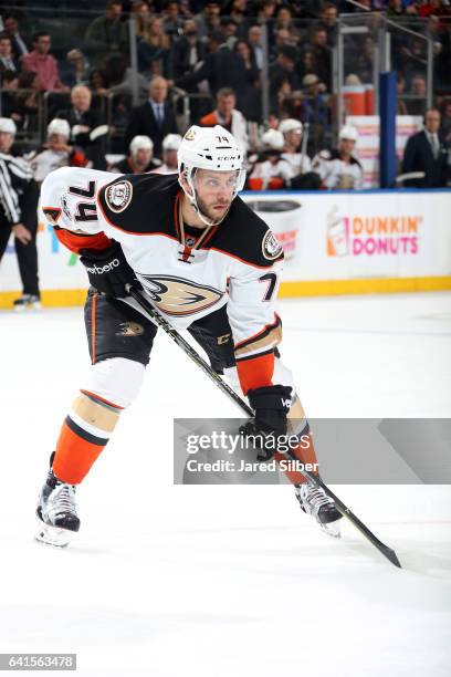 Joseph Cramarossa of the Anaheim Ducks skates against the New York Rangers at Madison Square Garden on February 7, 2017 in New York City. The New...