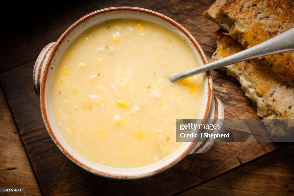 Bowl of chicken and sweetcorn soup.