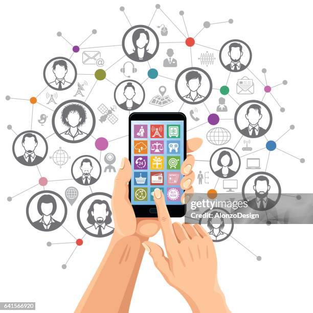 illustrations, cliparts, dessins animés et icônes de réseau social sur mobile téléphone - agenda électronique