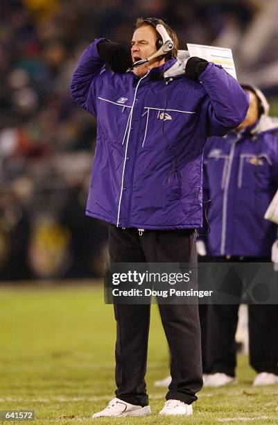 Brian Billick, head coach of the Baltimore Ravens gestures during the game against the Minnesota Vikings at PSINet Stadium in Baltimore, Maryland....