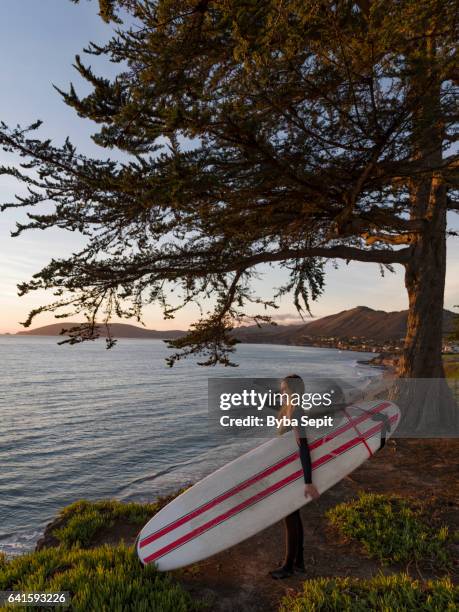 surfer girl standing on bluff top looking at ocean holding surfboard at dusk - 皮斯摩海灘 個照片及圖片檔