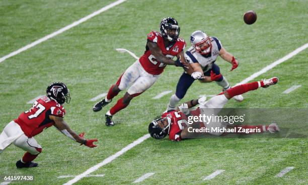Julian Edelman of the New England Patriots catches a 23-yard pass during Super Bowl 51 against the Atlanta Falcons at NRG Stadium on February 5, 2017...