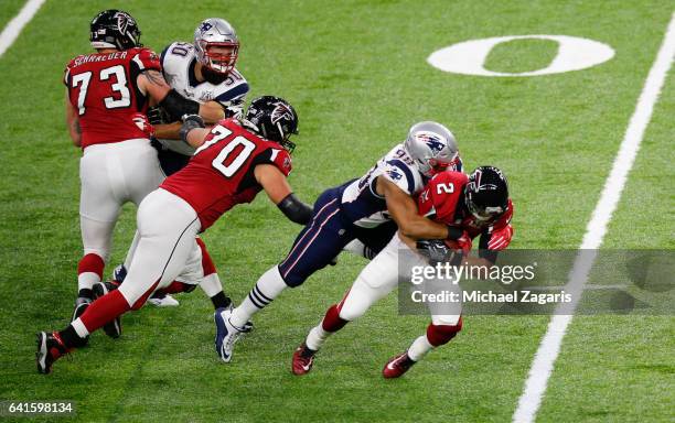 Trey Flowers of the New England Patriots sacks Matt Ryan of the Atlanta Falcons"n during Super Bowl 51 at NRG Stadium on February 5, 2017 in Houston,...