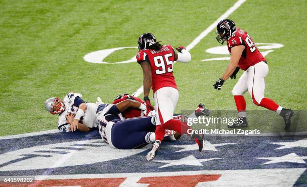 Courtney Upshaw of the Atlanta Falcons sacks Tom Brady of the New England Patriots during Super Bowl 51 at NRG Stadium on February 5, 2017 in...